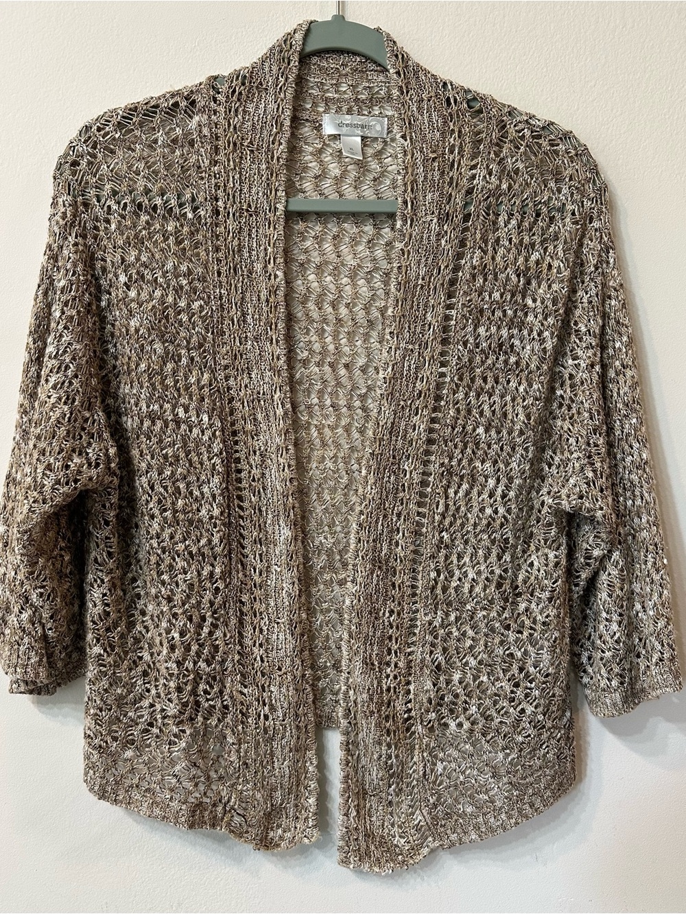 Dressbarn Crochet Knit Cardigan Sweater XL Tan Marled Open Front 3/4 Sleeve USA